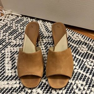 Tan slip on heeled sandals, size 9.5